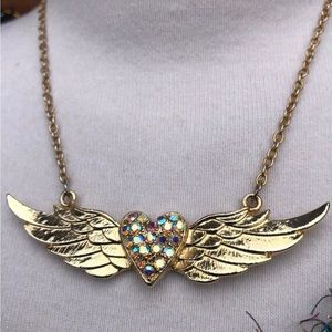 Iridescent Rhinestone Heart necklace Angel wings pendant